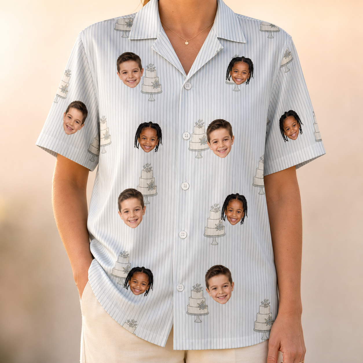 Model wearing Women's Mermaid Meringue Custom Face Hawaiian Shirt printed with kids' faces