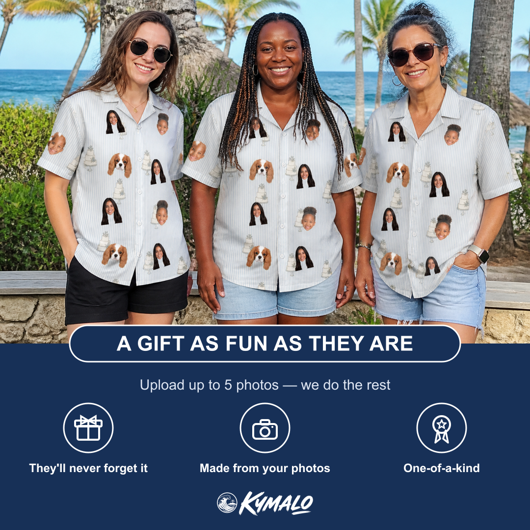 Friends in matching Women's Mermaid Meringue Custom Face Hawaiian Shirt — a group gift photo