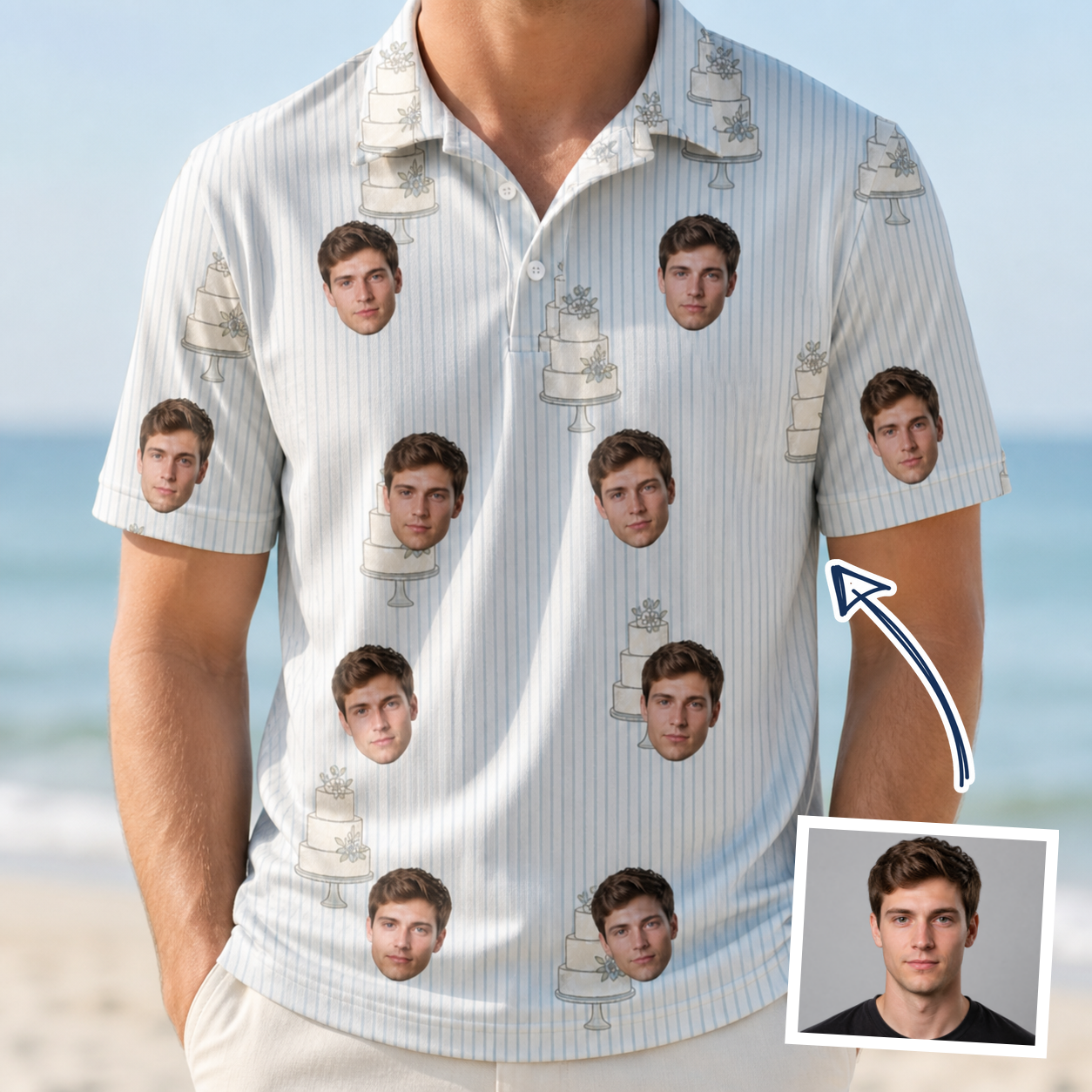 Man wearing Men's Mermaid Meringue Custom Face Polo Shirt — custom faces printed all-over