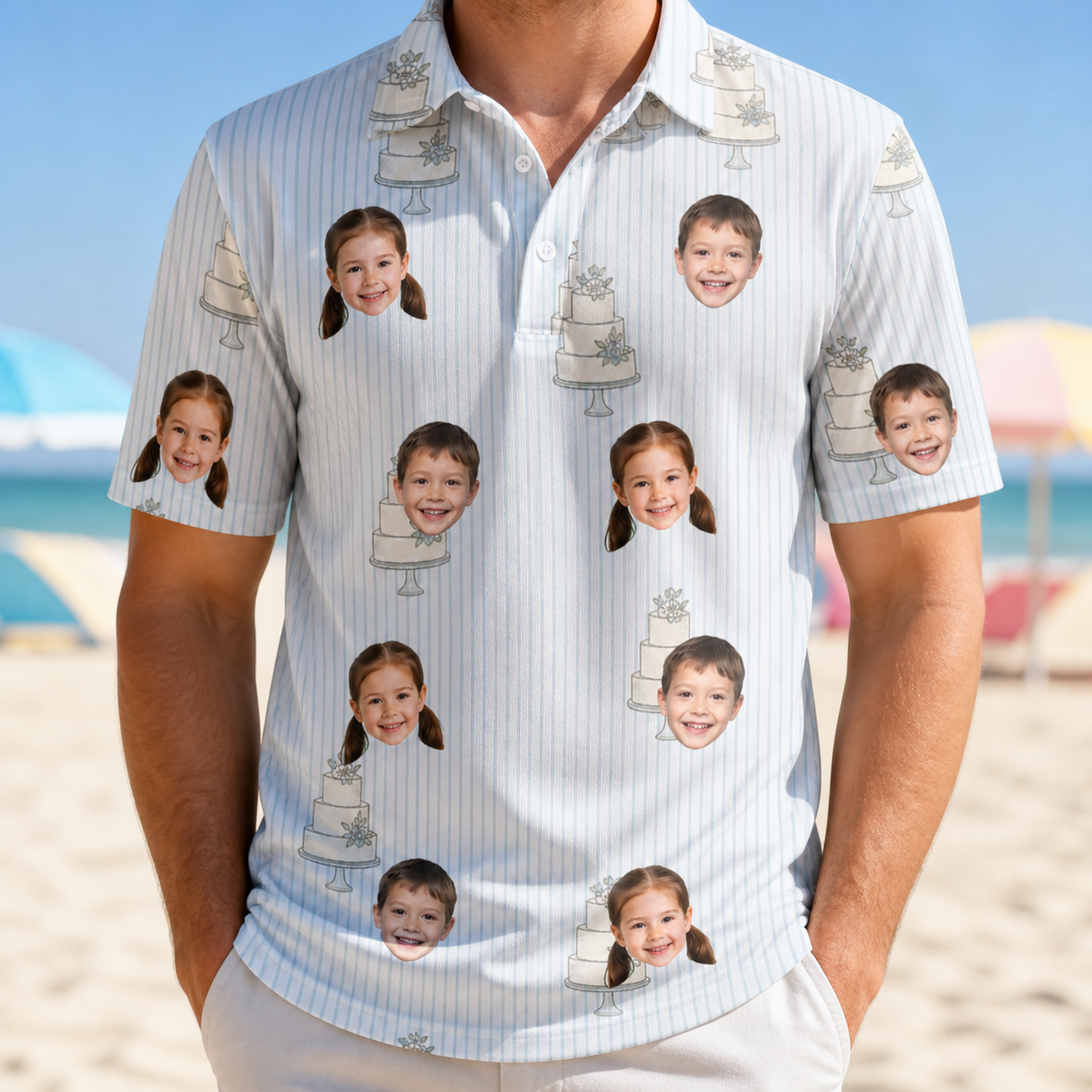Model wearing Men's Mermaid Meringue Custom Face Polo Shirt printed with kids' faces
