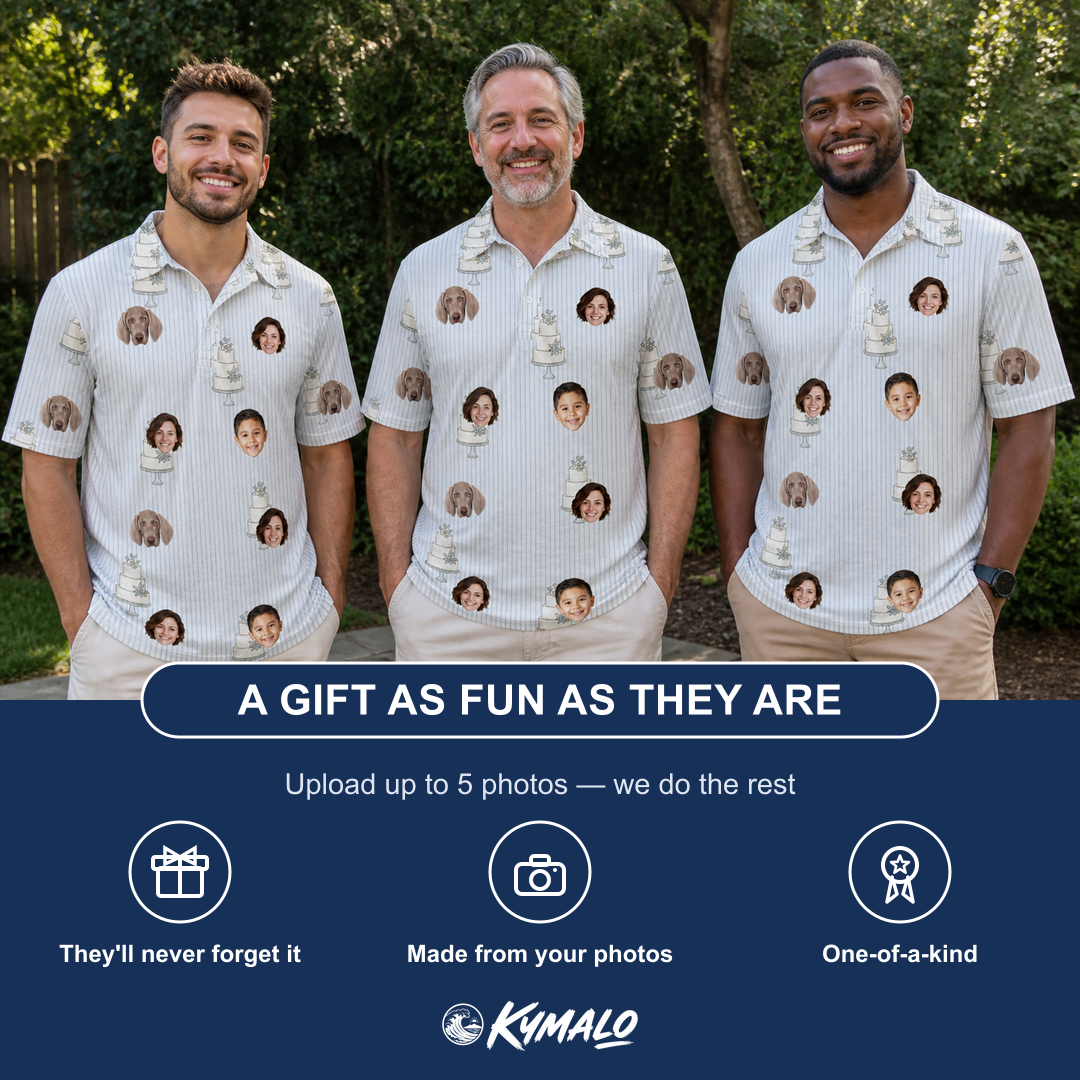 Friends in matching Men's Mermaid Meringue Custom Face Polo Shirt — a group gift photo