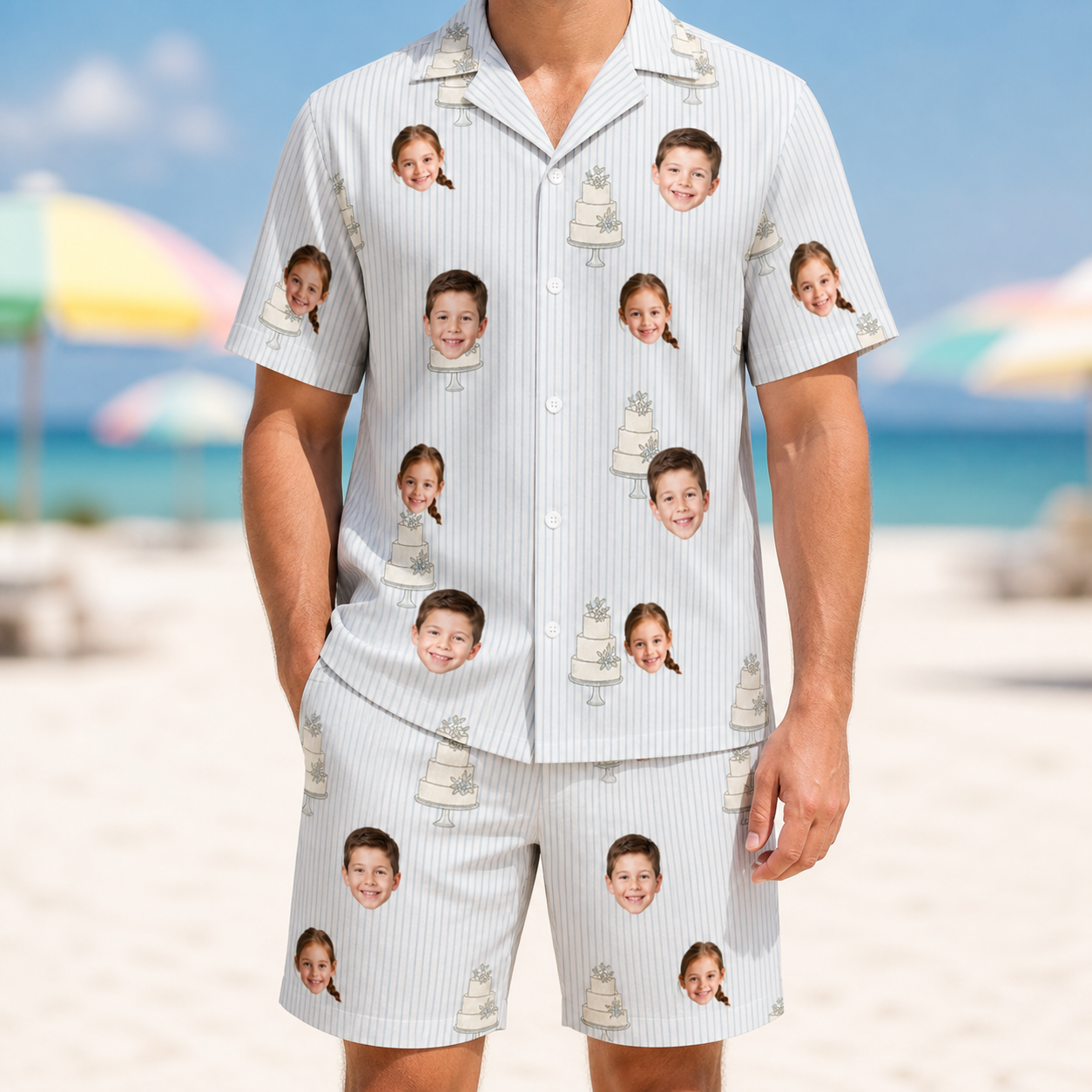Model wearing Men's Mermaid Meringue Custom Face Shirt & Shorts Set printed with kids' faces