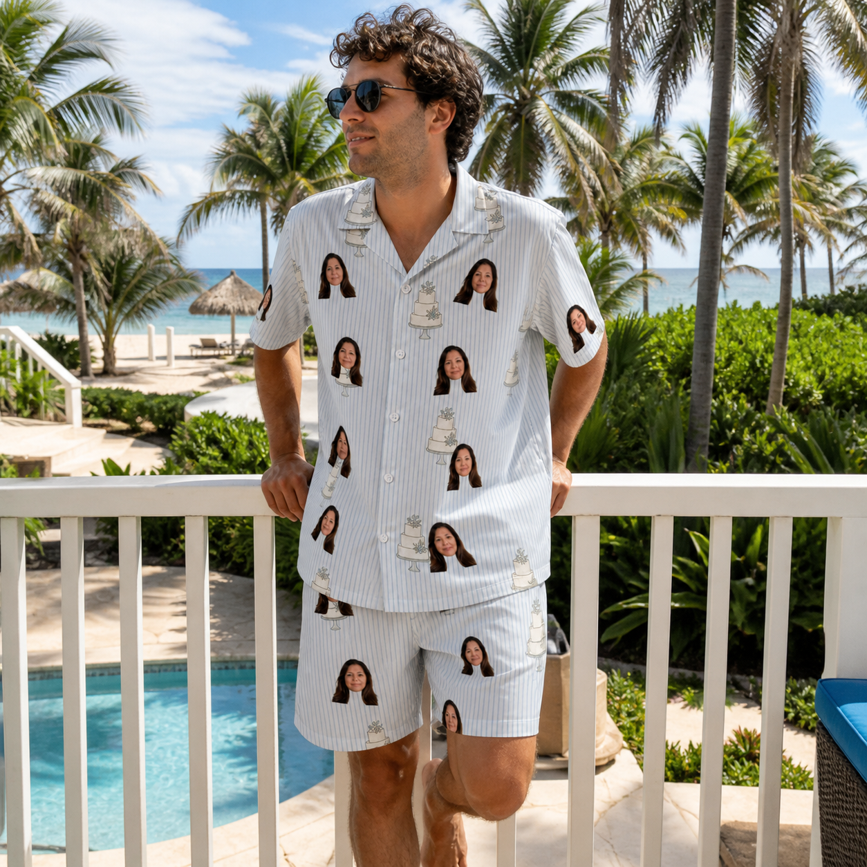 Real-life photo of someone wearing Men's Mermaid Meringue Custom Face Shirt & Shorts Set — custom faces printed all-over