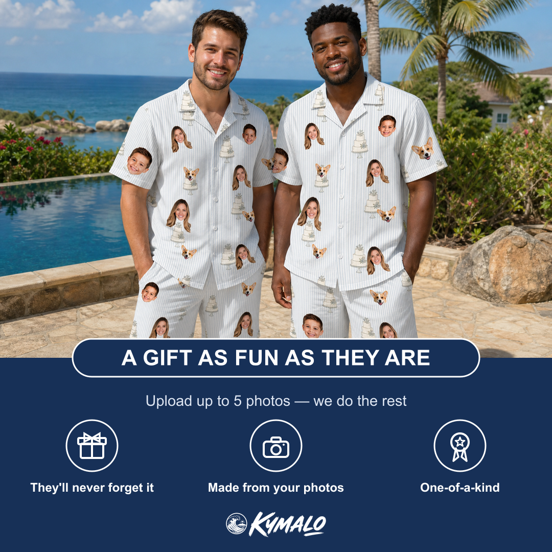 Friends in matching Men's Mermaid Meringue Custom Face Shirt & Shorts Set — a group gift photo