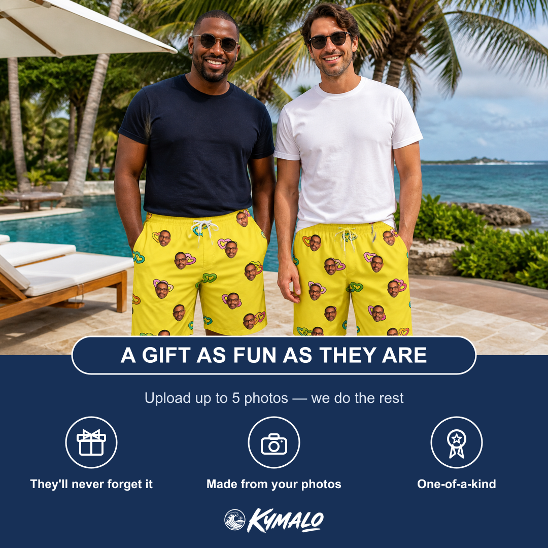 Friends in matching Men's Entwined Escapade Custom Face Beach Shorts — a group gift photo