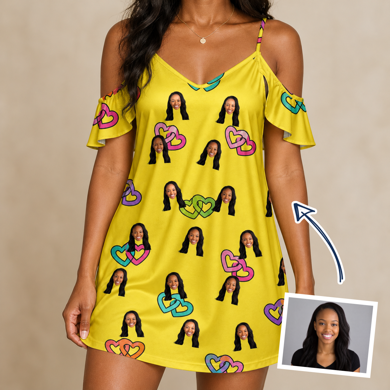 Woman wearing Women's Entwined Escapade Custom Face Off-Shoulder Dress — custom faces printed all-over