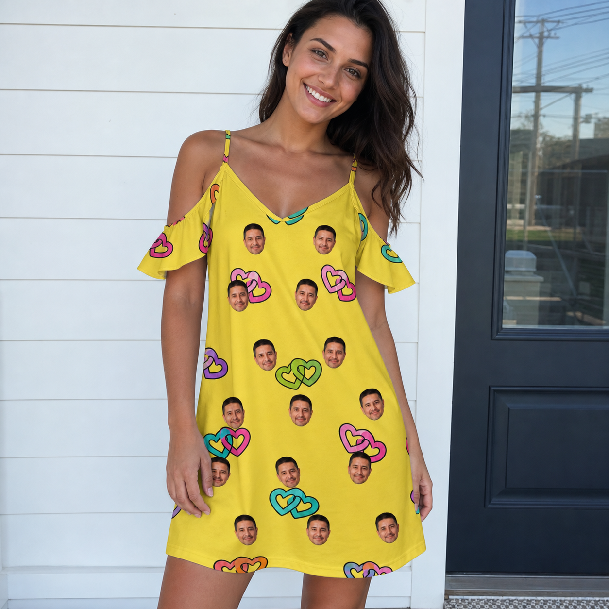 Real-life photo of someone wearing Women's Entwined Escapade Custom Face Off-Shoulder Dress — custom faces printed all-over