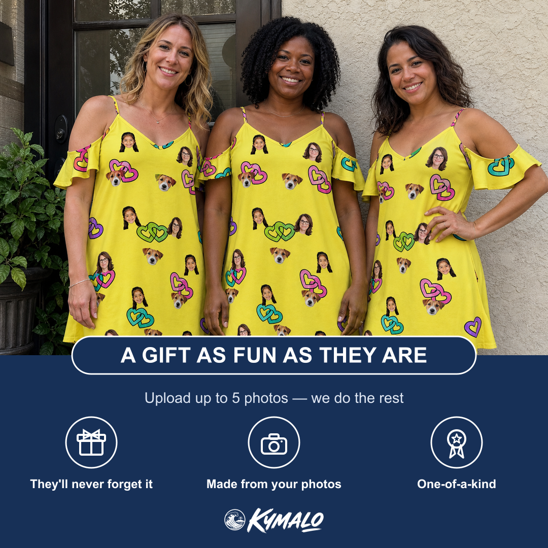 Friends in matching Women's Entwined Escapade Custom Face Off-Shoulder Dress — a group gift photo