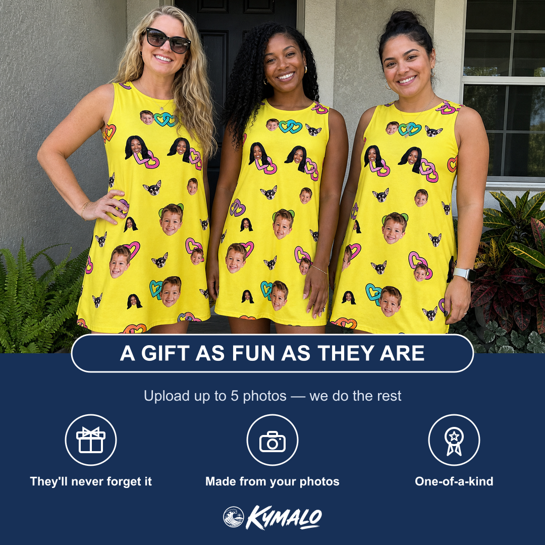 Friends in matching Women's Entwined Escapade Custom Face Tank Dress — a group gift photo