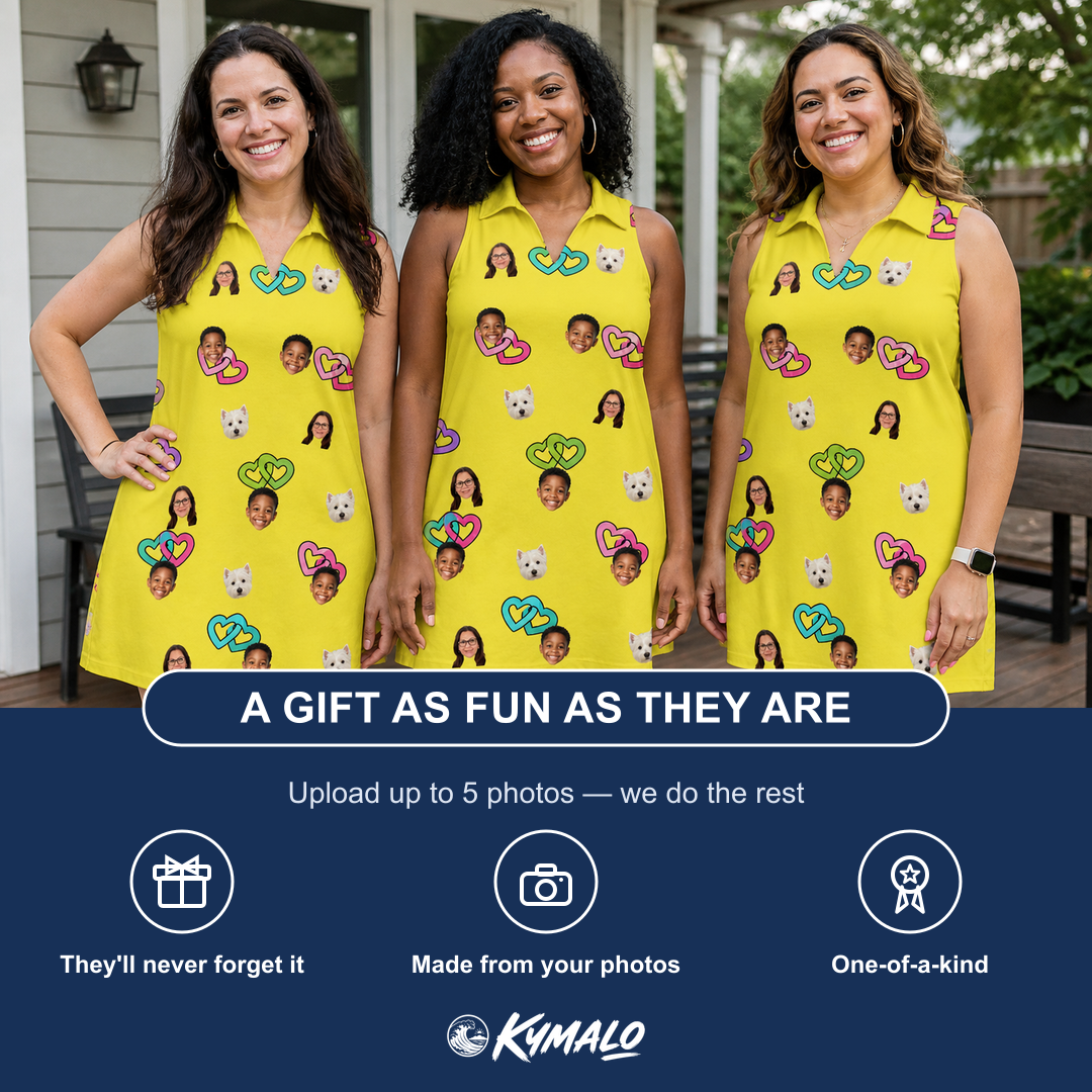 Friends in matching Women's Entwined Escapade Custom Face V-Neck Dress — a group gift photo