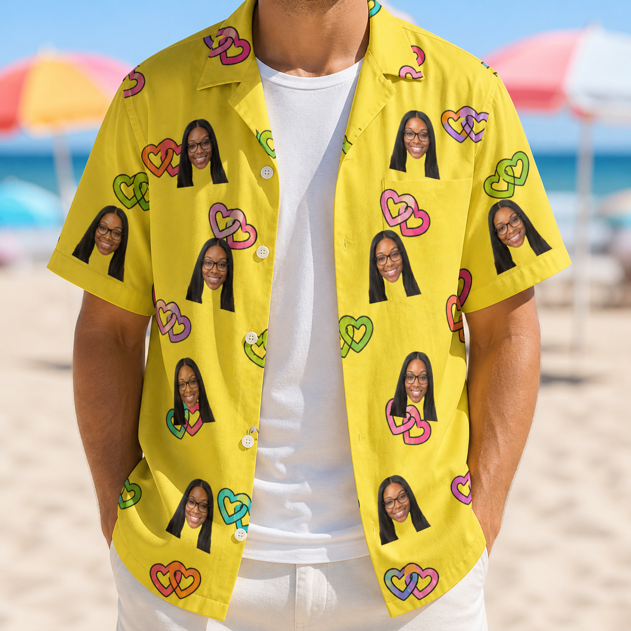 Man wearing Men's Entwined Escapade Custom Face Hawaiian Shirt open over a white tee