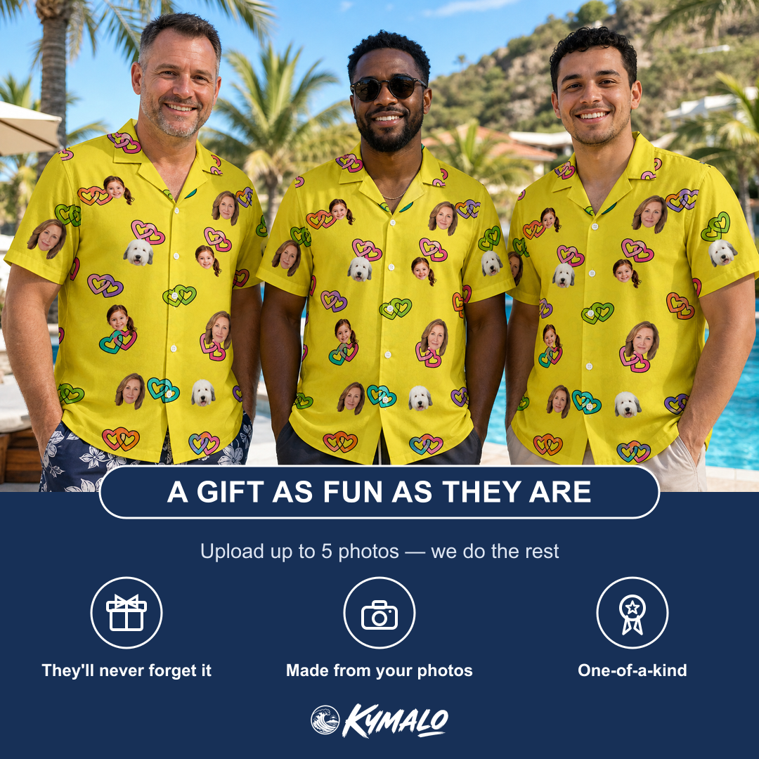 Friends in matching Men's Entwined Escapade Custom Face Hawaiian Shirt — a group gift photo
