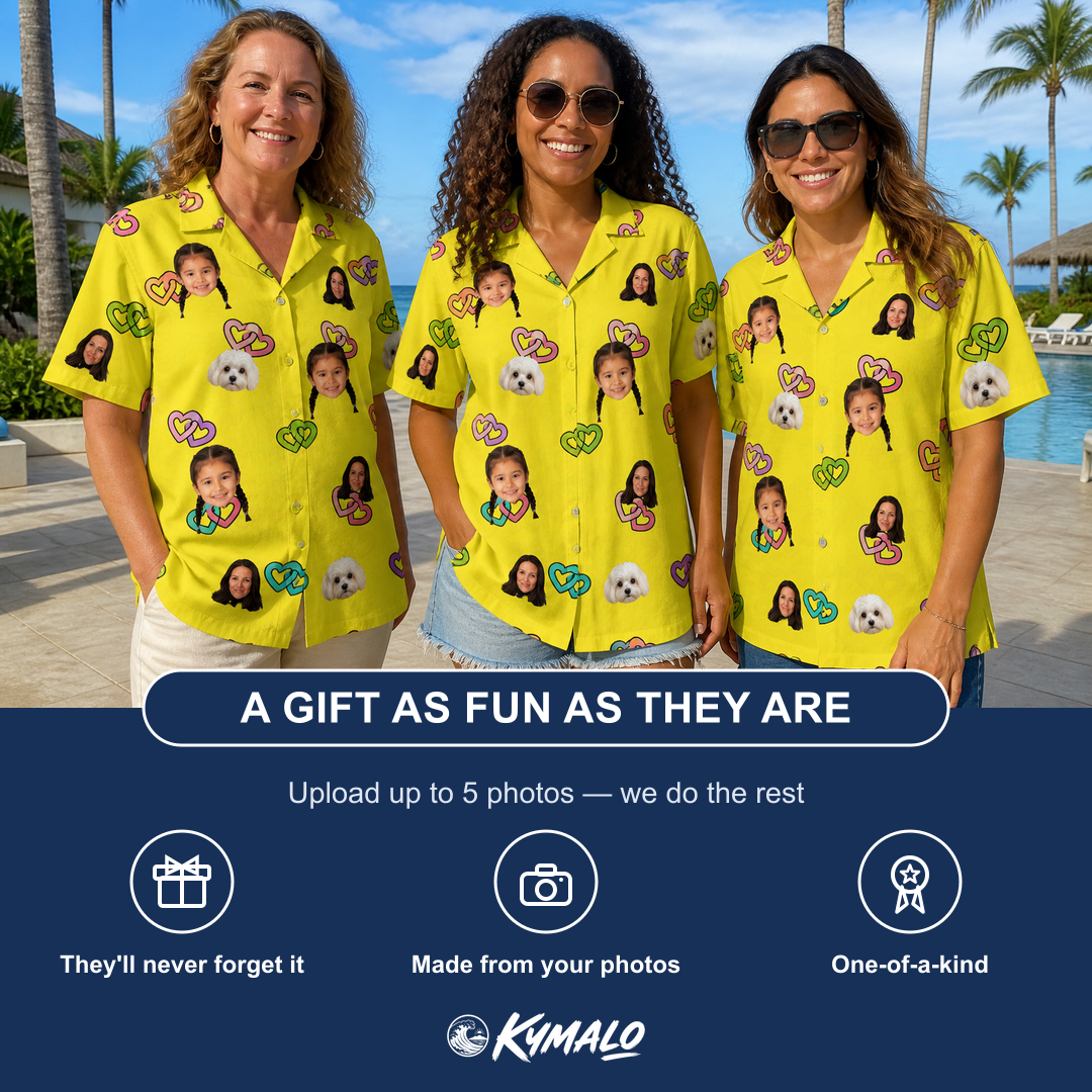 Friends in matching Women's Entwined Escapade Custom Face Hawaiian Shirt — a group gift photo