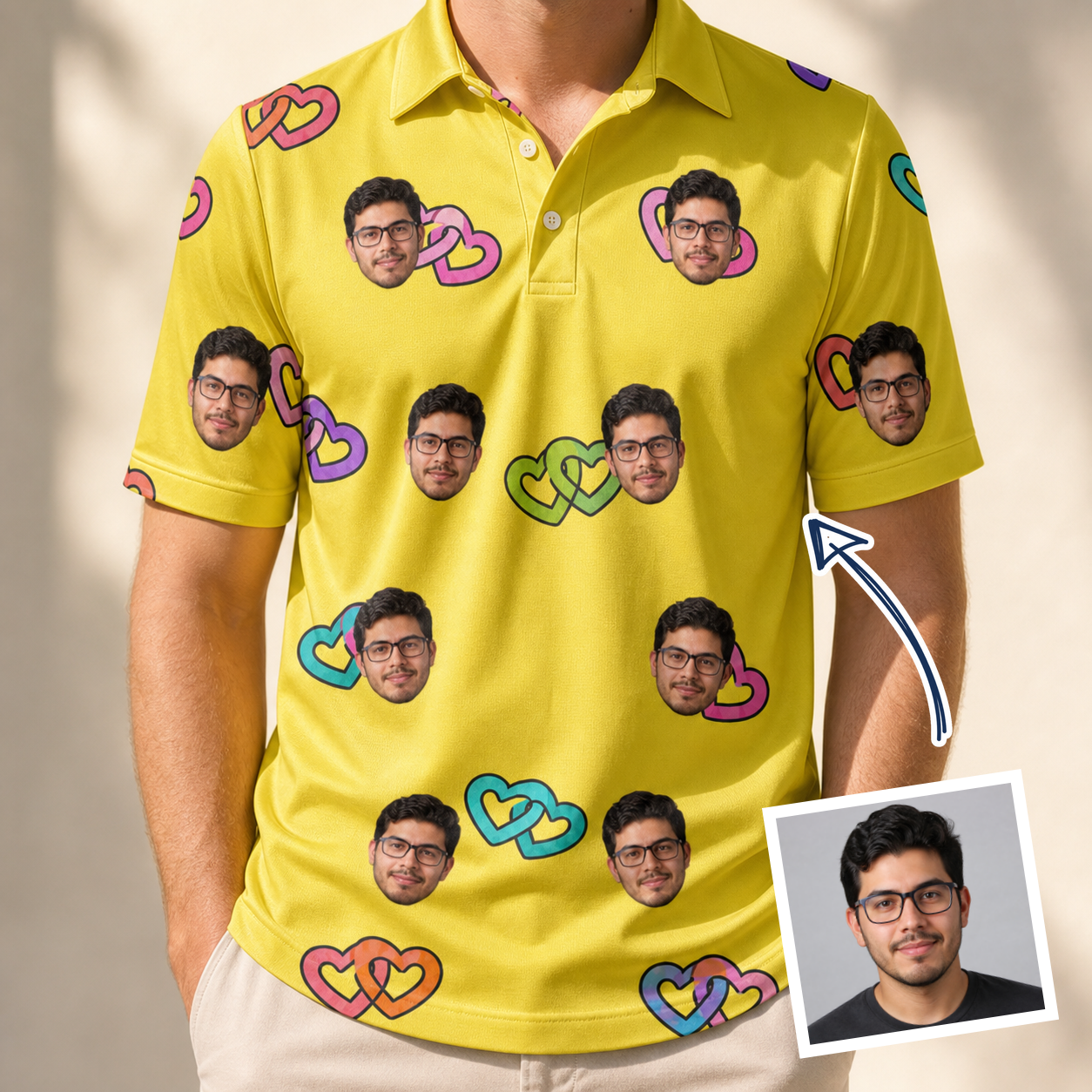 Man wearing Men's Entwined Escapade Custom Face Polo Shirt — custom faces printed all-over