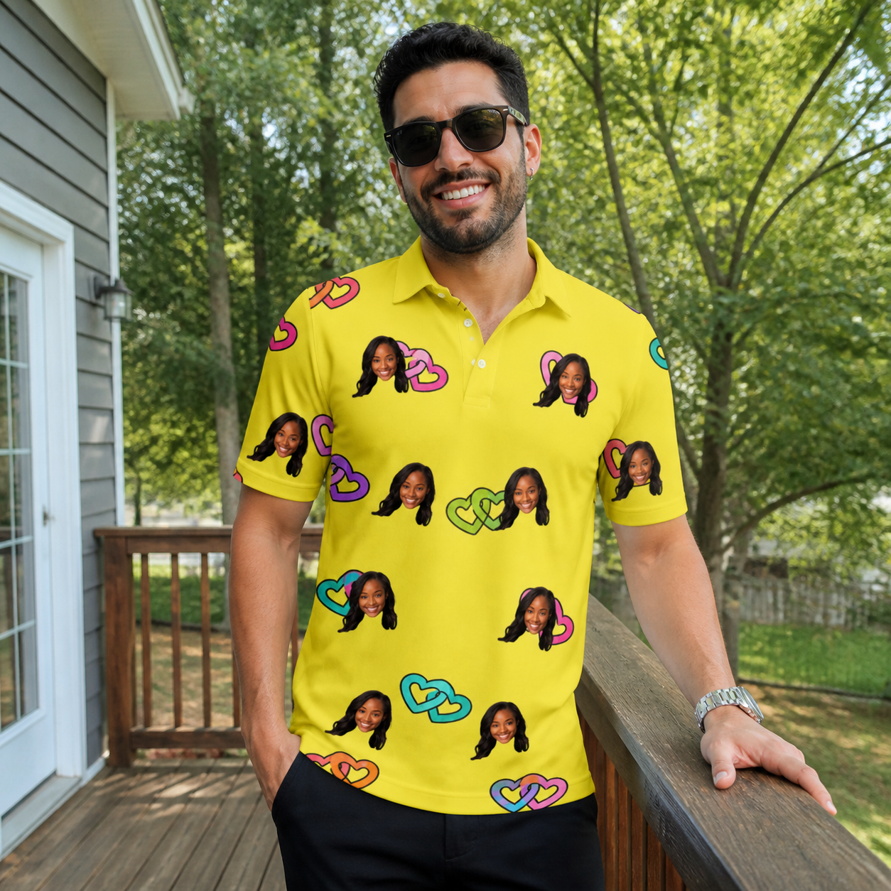 Real-life photo of someone wearing Men's Entwined Escapade Custom Face Polo Shirt — custom faces printed all-over