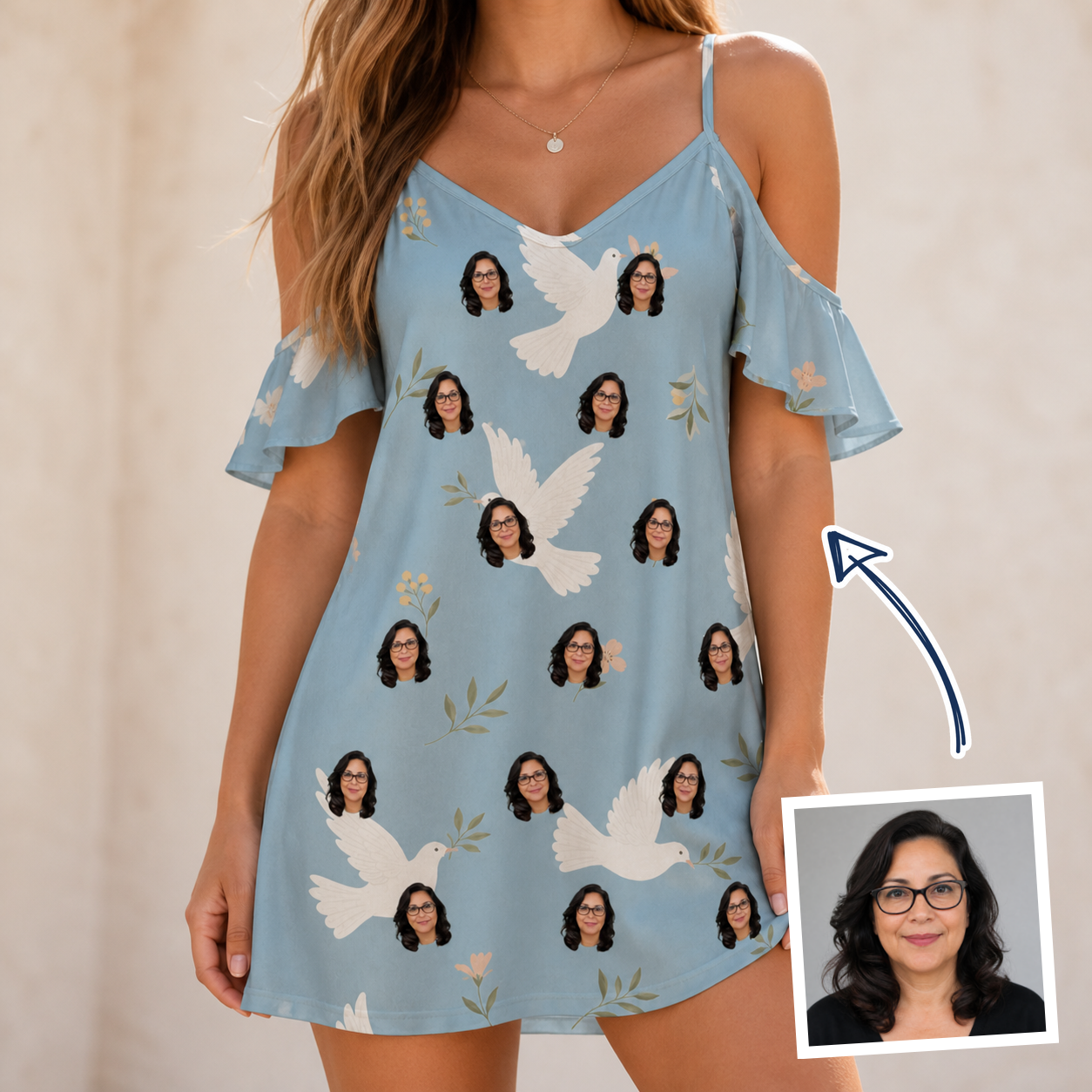 Woman wearing Women's Ivory Coo Custom Face Off-Shoulder Dress — custom faces printed all-over