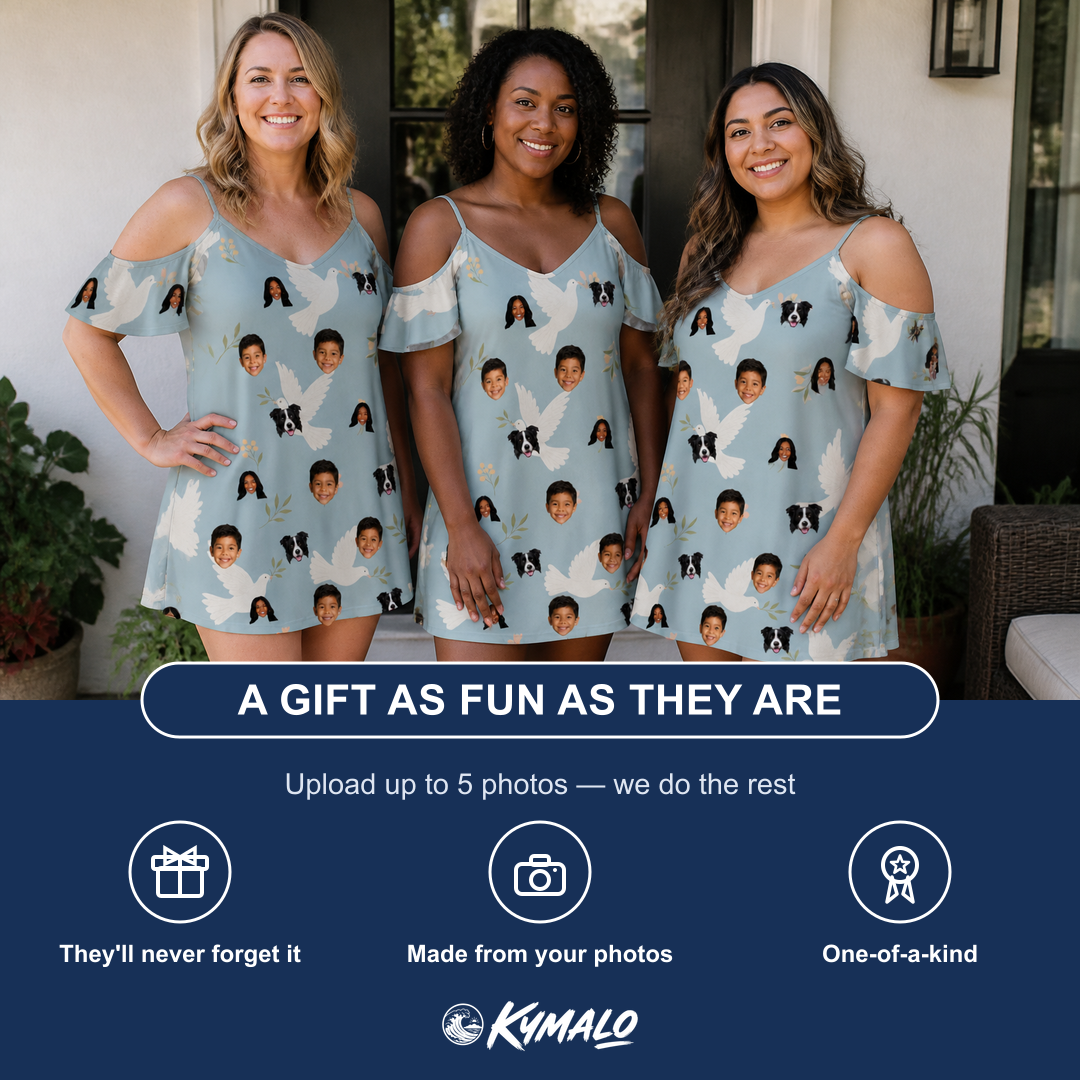Friends in matching Women's Ivory Coo Custom Face Off-Shoulder Dress — a group gift photo