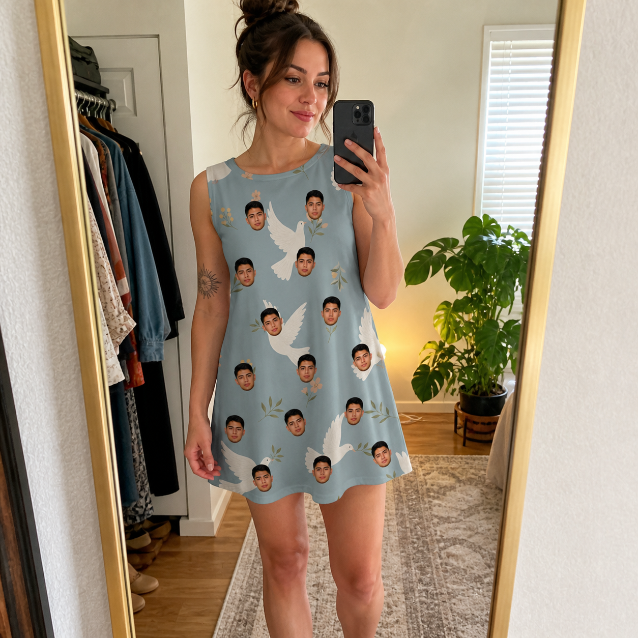 Real-life photo of someone wearing Women's Ivory Coo Custom Face Tank Dress — custom faces printed all-over