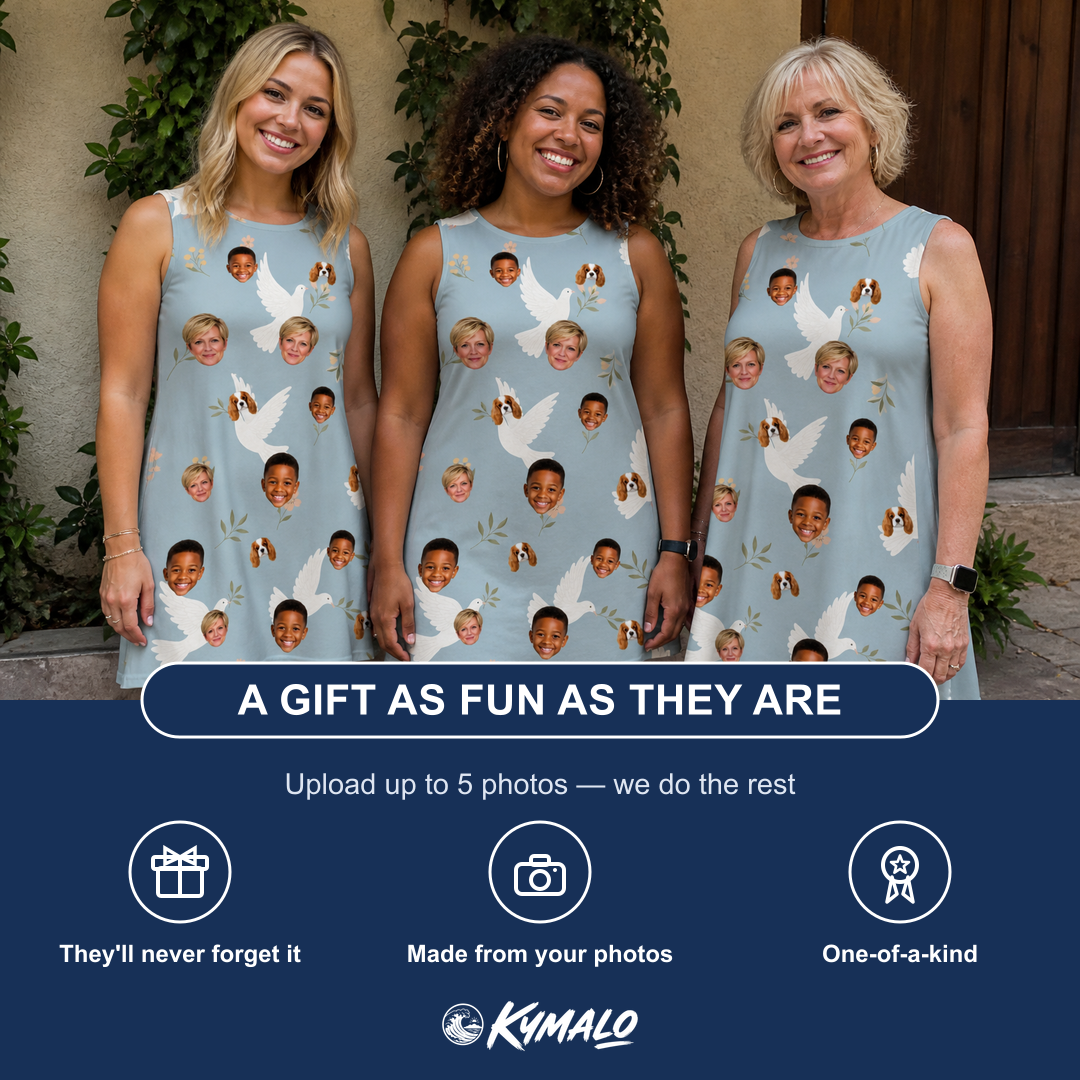 Friends in matching Women's Ivory Coo Custom Face Tank Dress — a group gift photo