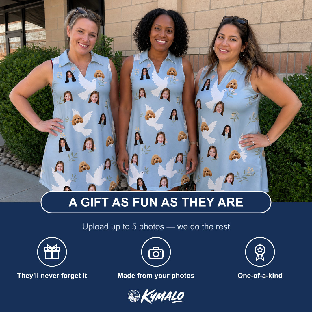 Friends in matching Women's Ivory Coo Custom Face V-Neck Dress — a group gift photo
