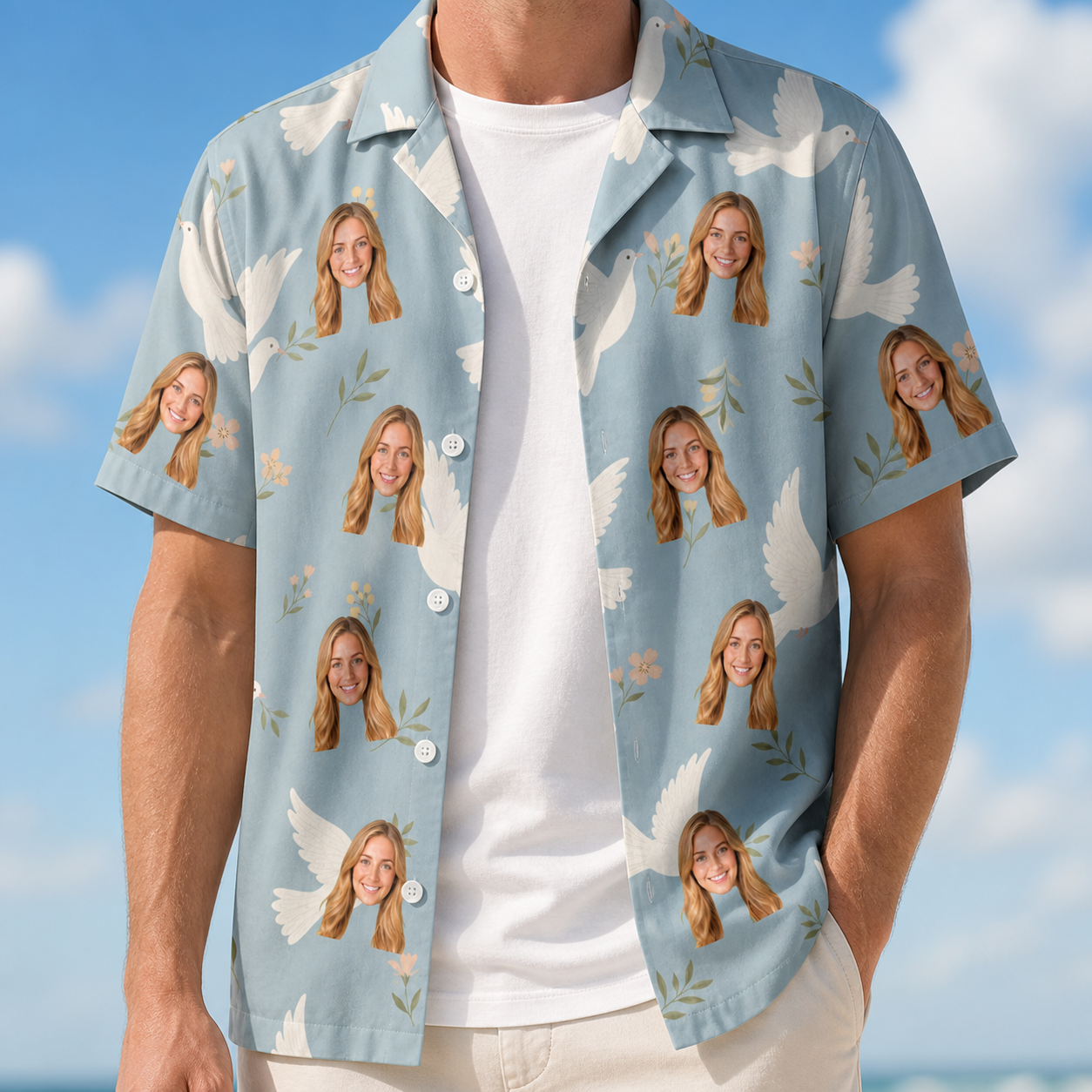 Man wearing Men's Ivory Coo Custom Face Hawaiian Shirt open over a white tee