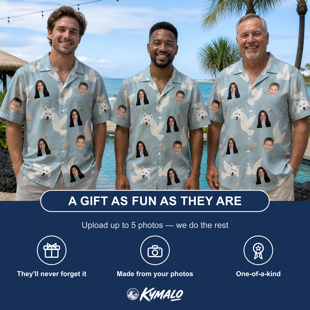 Friends in matching Men's Ivory Coo Custom Face Hawaiian Shirt — a group gift photo