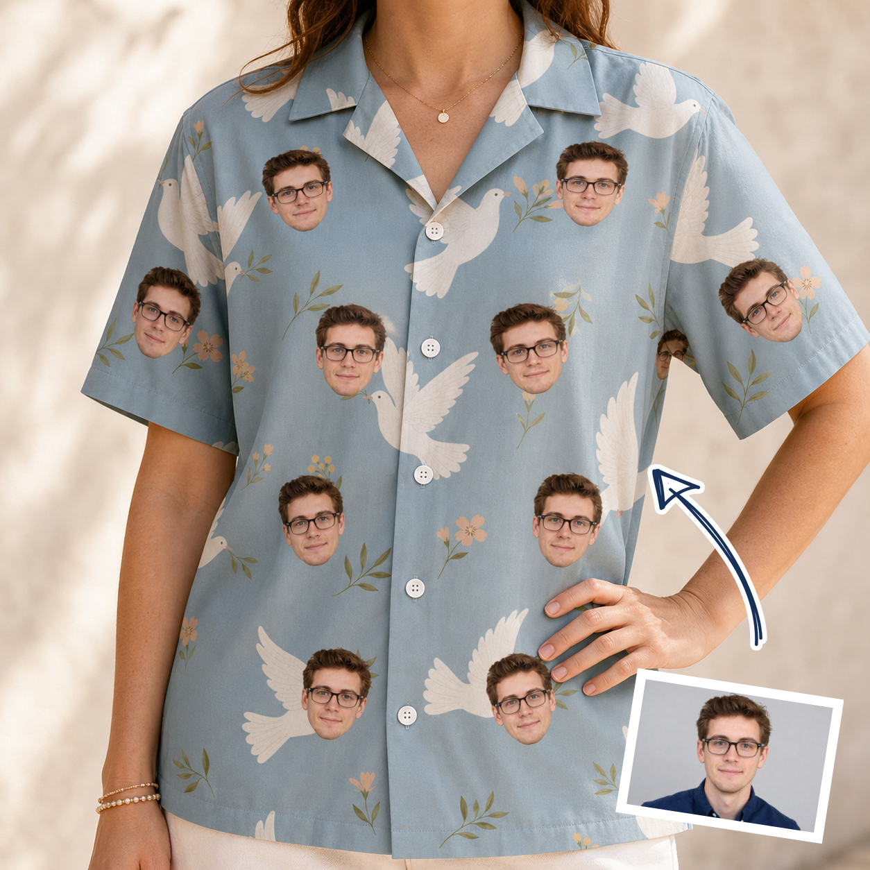 Woman wearing Women's Ivory Coo Custom Face Hawaiian Shirt — custom faces printed all-over
