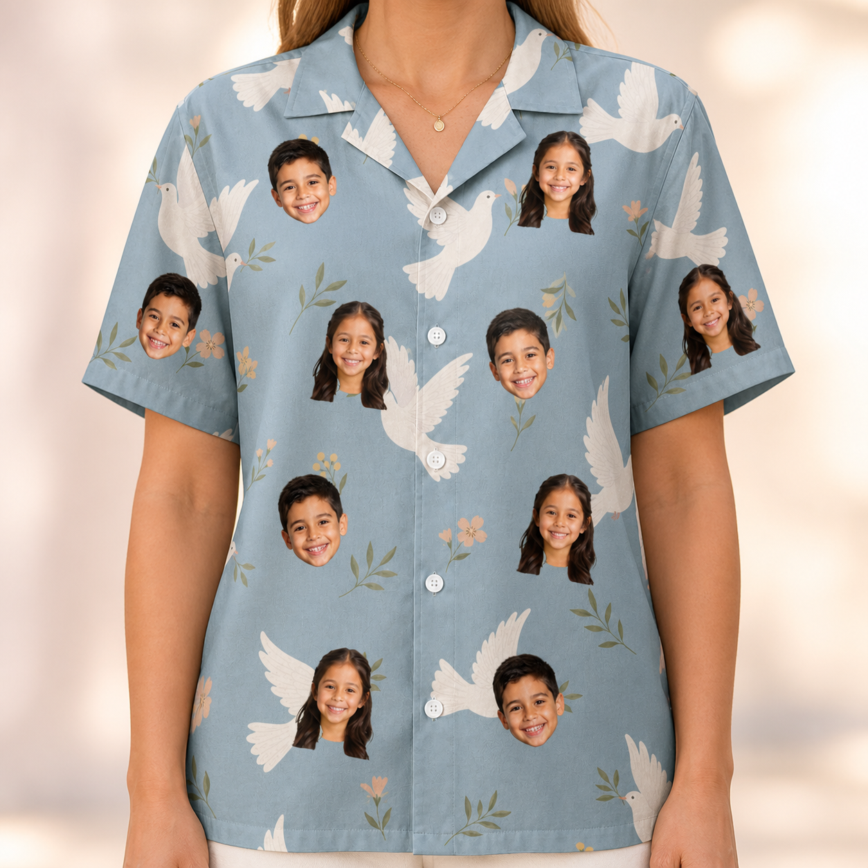 Model wearing Women's Ivory Coo Custom Face Hawaiian Shirt printed with kids' faces