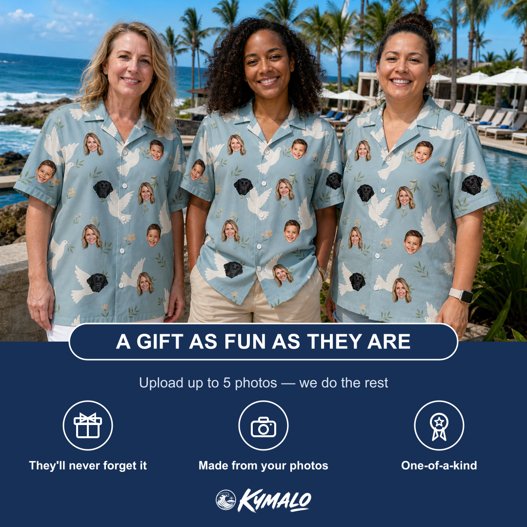 Friends in matching Women's Ivory Coo Custom Face Hawaiian Shirt — a group gift photo