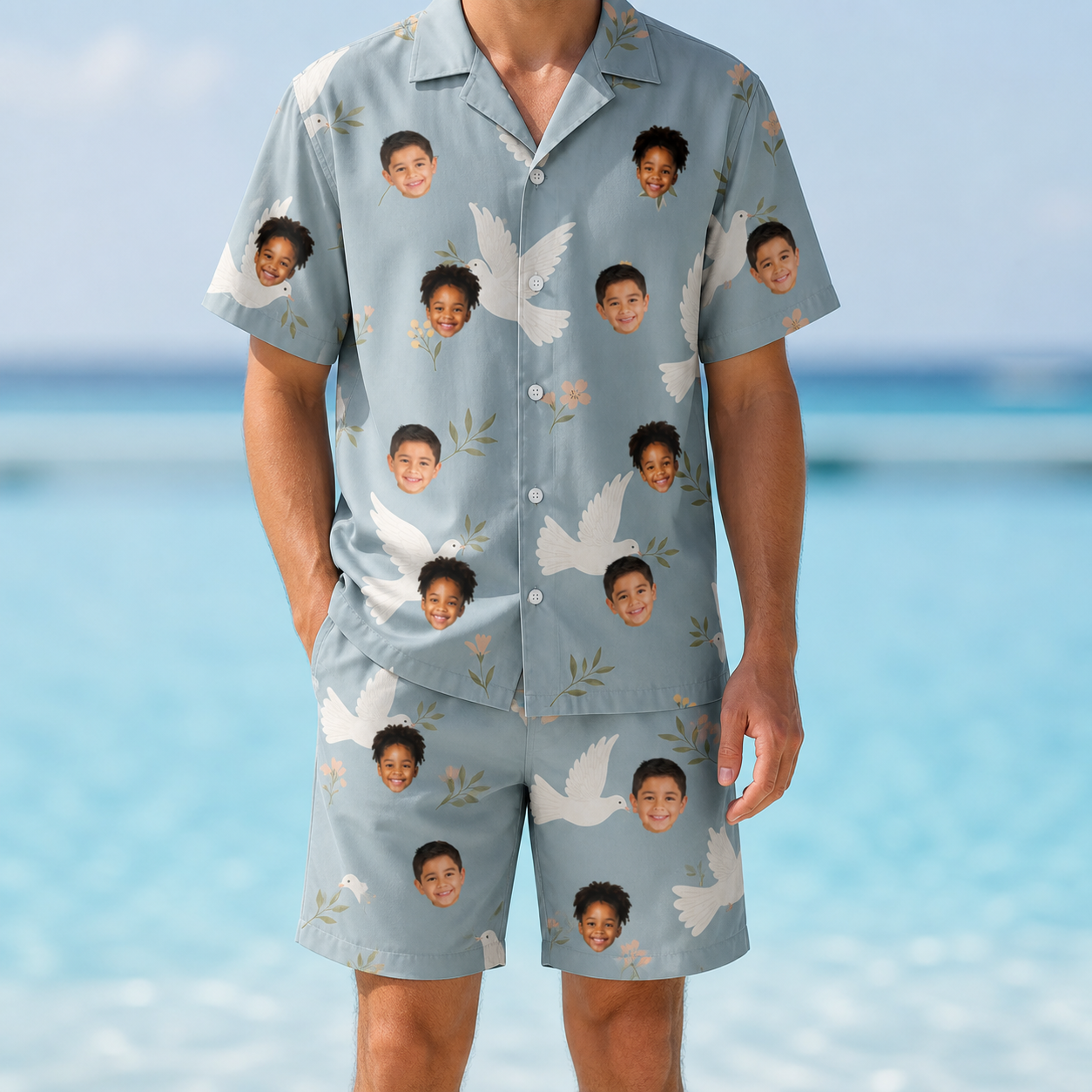 Model wearing Men's Ivory Coo Custom Face Shirt & Shorts Set printed with kids' faces