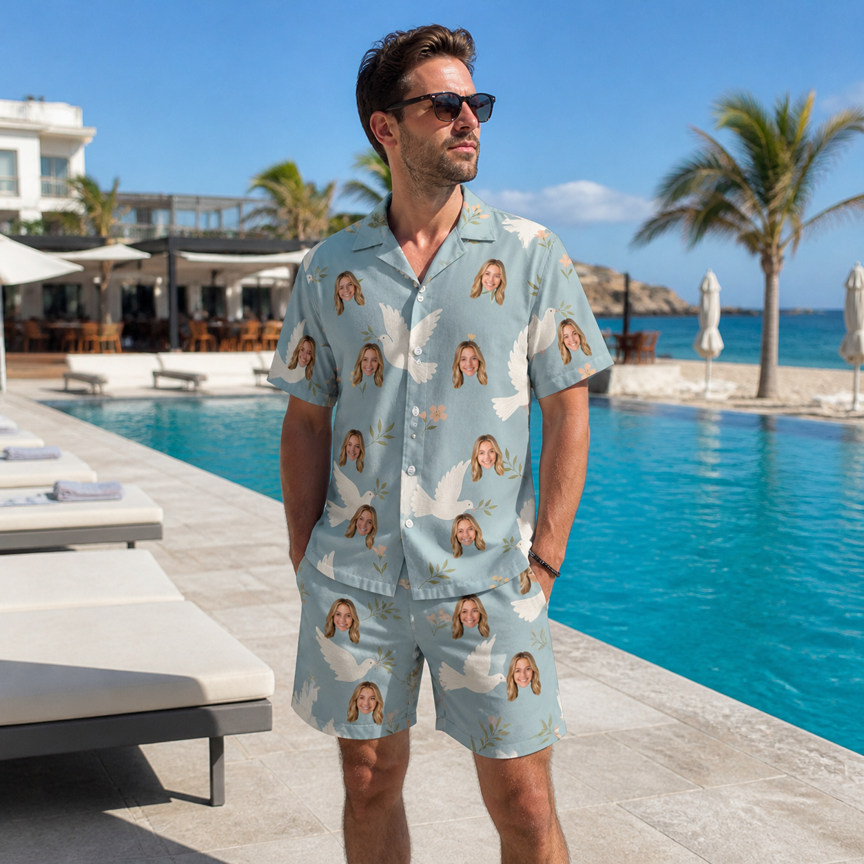 Real-life photo of someone wearing Men's Ivory Coo Custom Face Shirt & Shorts Set — custom faces printed all-over