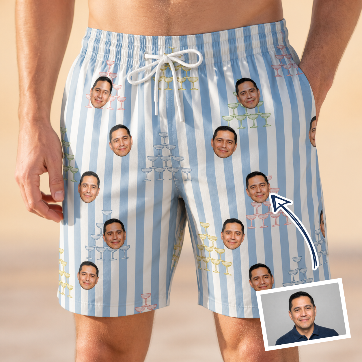 Man wearing Men's Fizz Towers Custom Face Beach Shorts — custom faces printed all-over