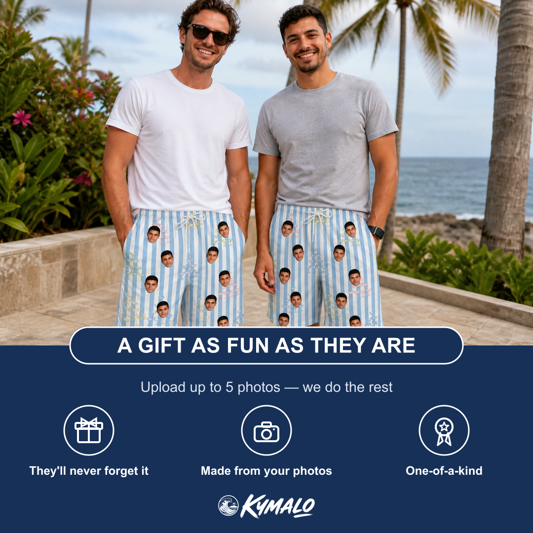 Friends in matching Men's Fizz Towers Custom Face Beach Shorts — a group gift photo