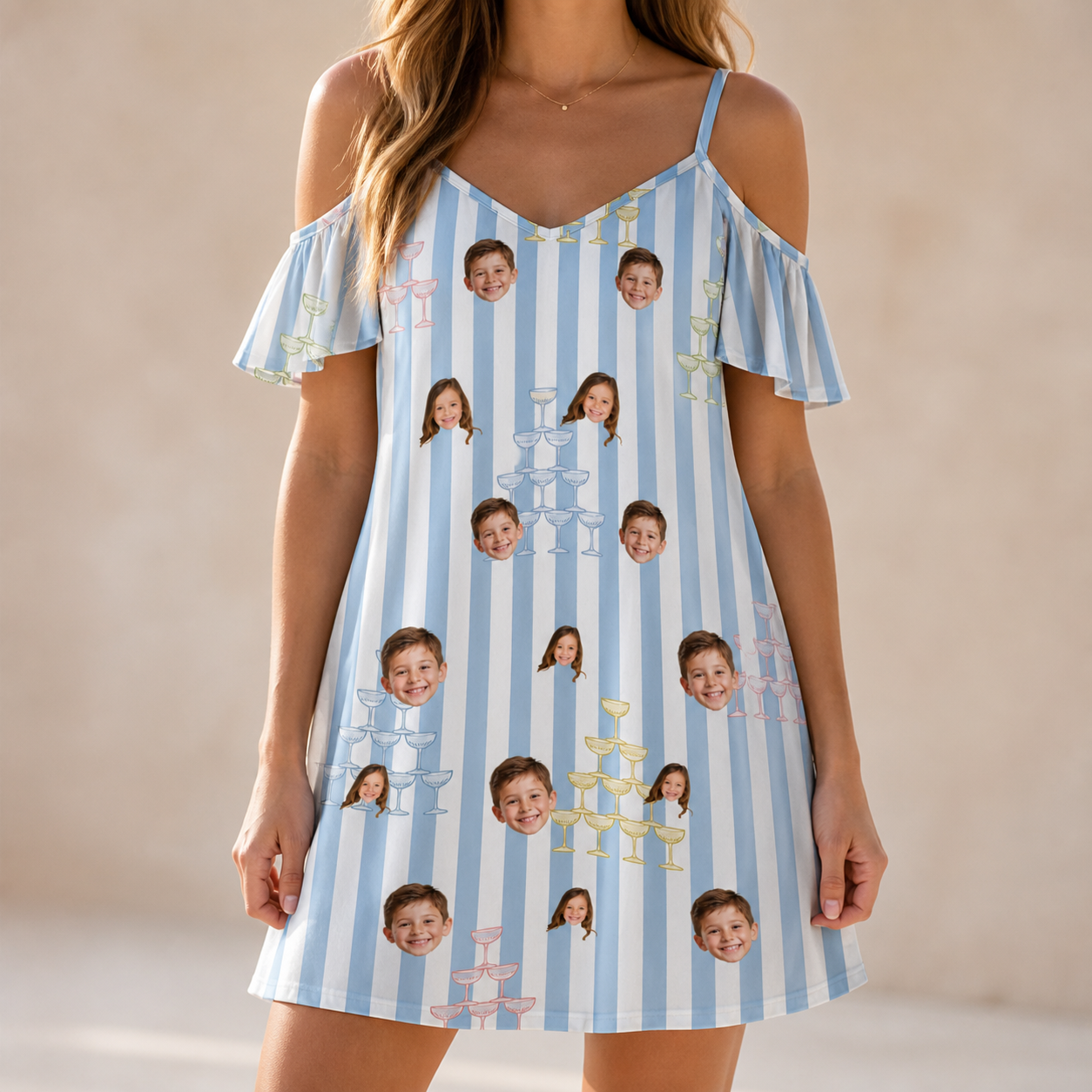 Model wearing Women's Fizz Towers Custom Face Off-Shoulder Dress printed with kids' faces