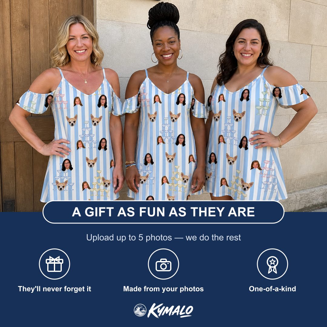 Friends in matching Women's Fizz Towers Custom Face Off-Shoulder Dress — a group gift photo