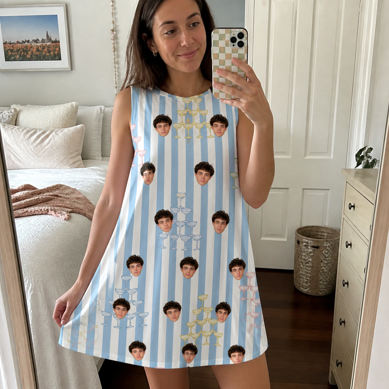 Real-life photo of someone wearing Women's Fizz Towers Custom Face Tank Dress — custom faces printed all-over
