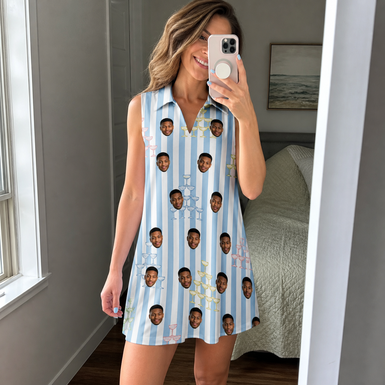 Real-life photo of someone wearing Women's Fizz Towers Custom Face V-Neck Dress — custom faces printed all-over