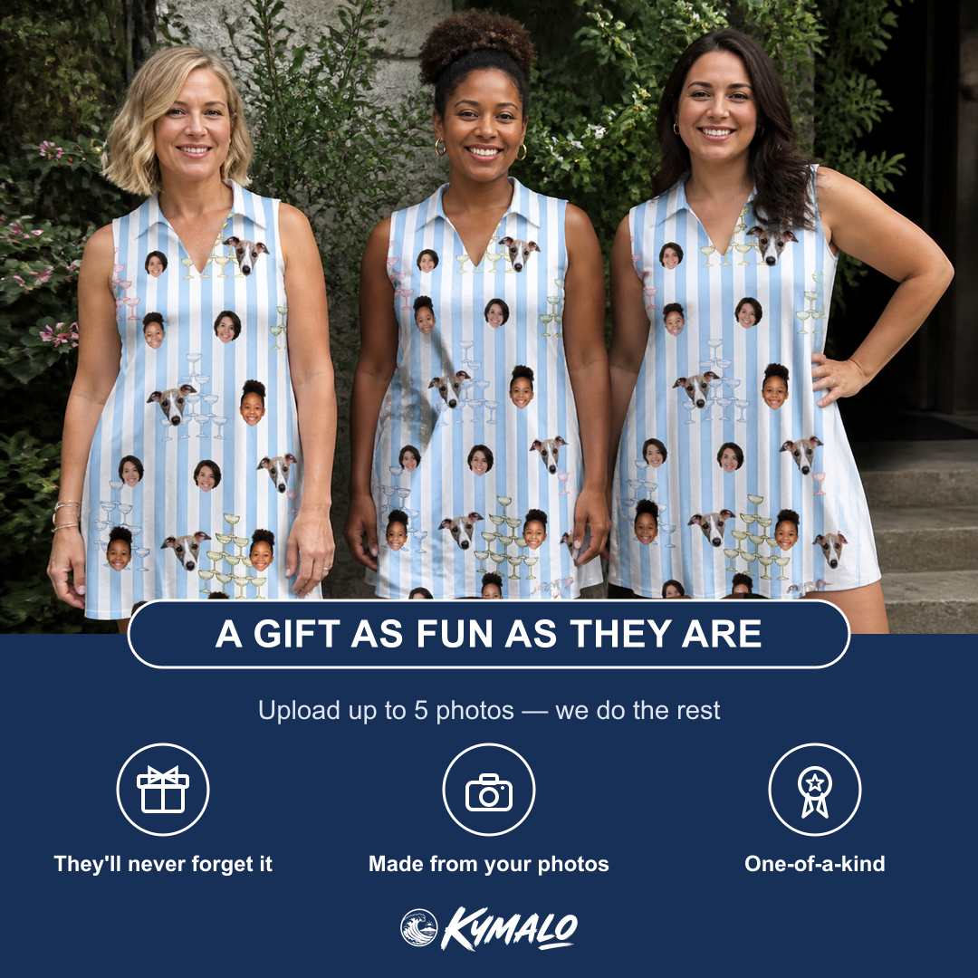 Friends in matching Women's Fizz Towers Custom Face V-Neck Dress — a group gift photo