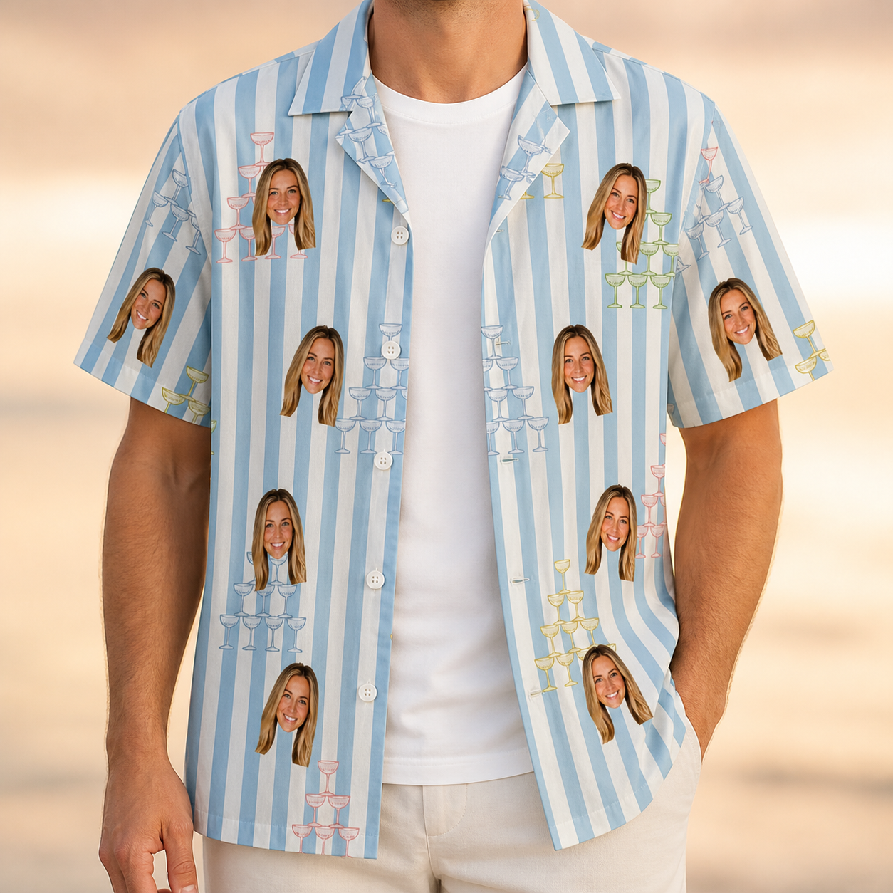 Man wearing Men's Fizz Towers Custom Face Hawaiian Shirt open over a white tee