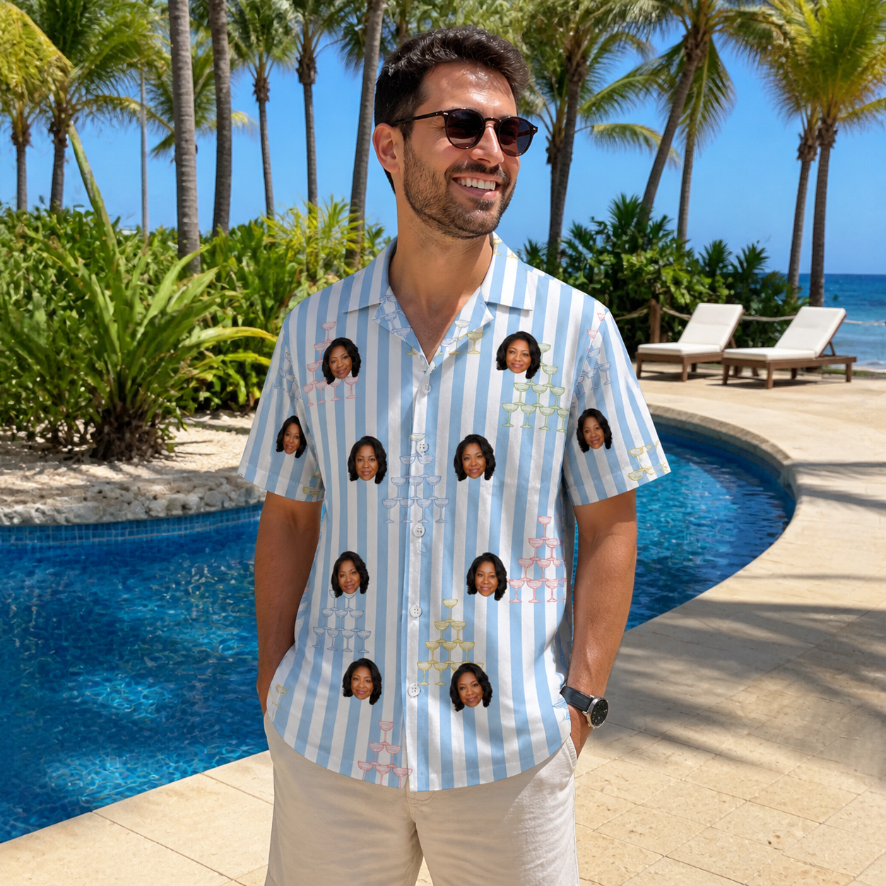 Real-life photo of someone wearing Men's Fizz Towers Custom Face Hawaiian Shirt — custom faces printed all-over