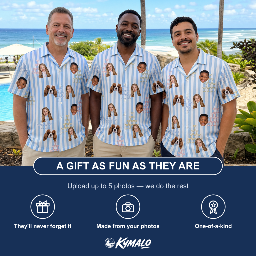 Friends in matching Men's Fizz Towers Custom Face Hawaiian Shirt — a group gift photo