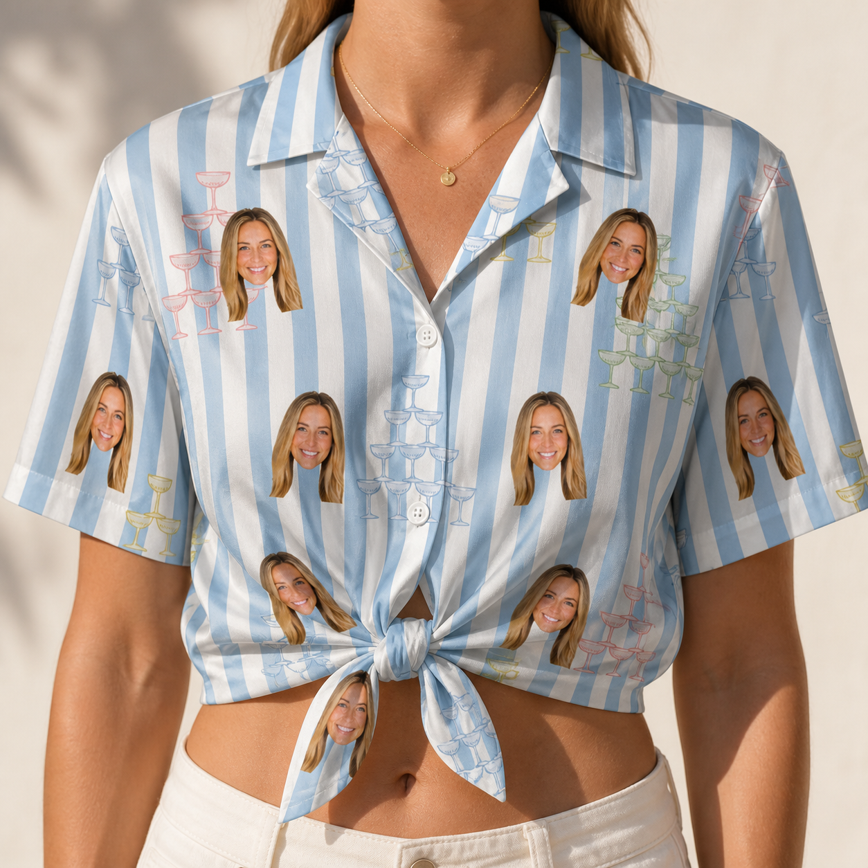 Woman wearing Women's Fizz Towers Custom Face Hawaiian Shirt tied at the waist