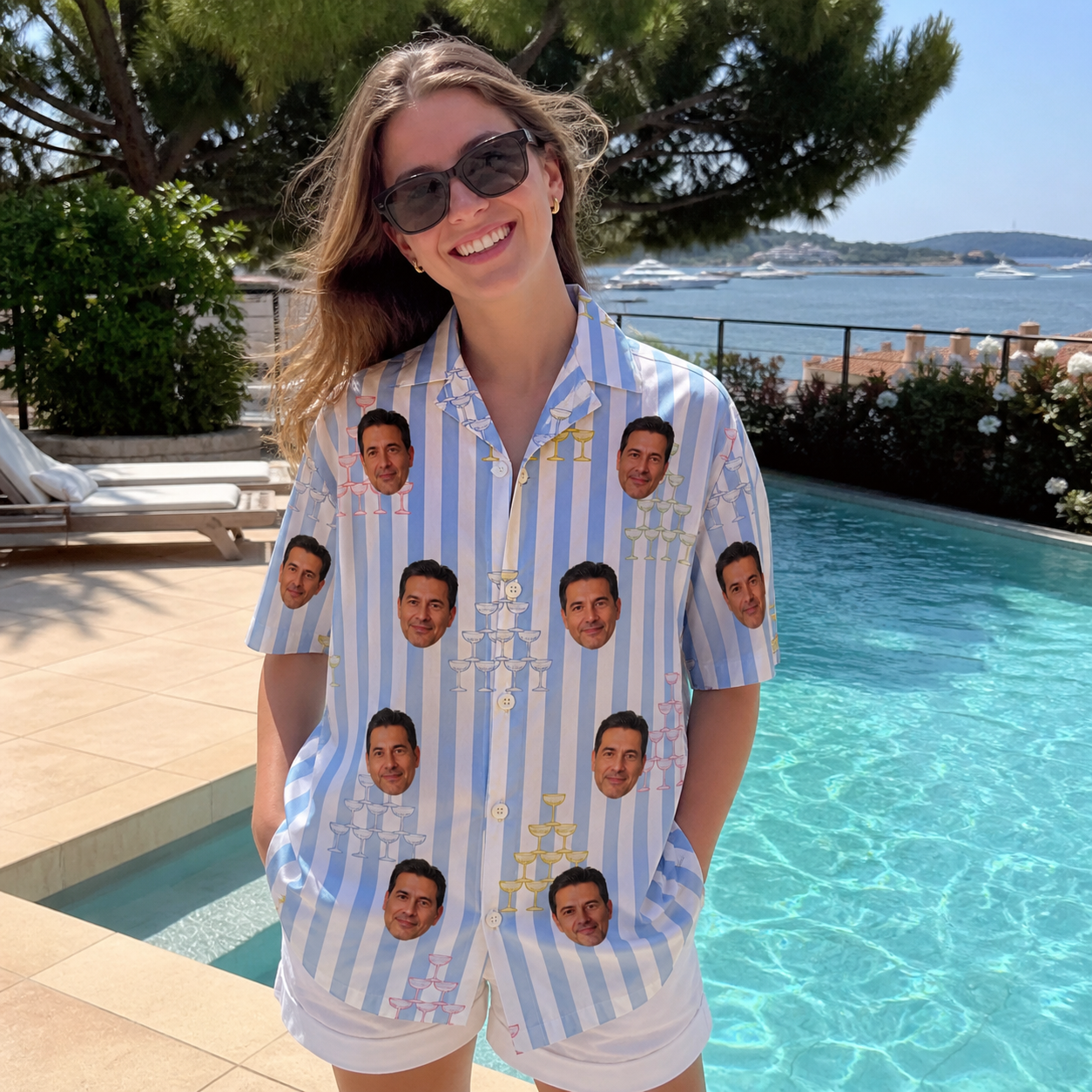 Real-life photo of someone wearing Women's Fizz Towers Custom Face Hawaiian Shirt — custom faces printed all-over