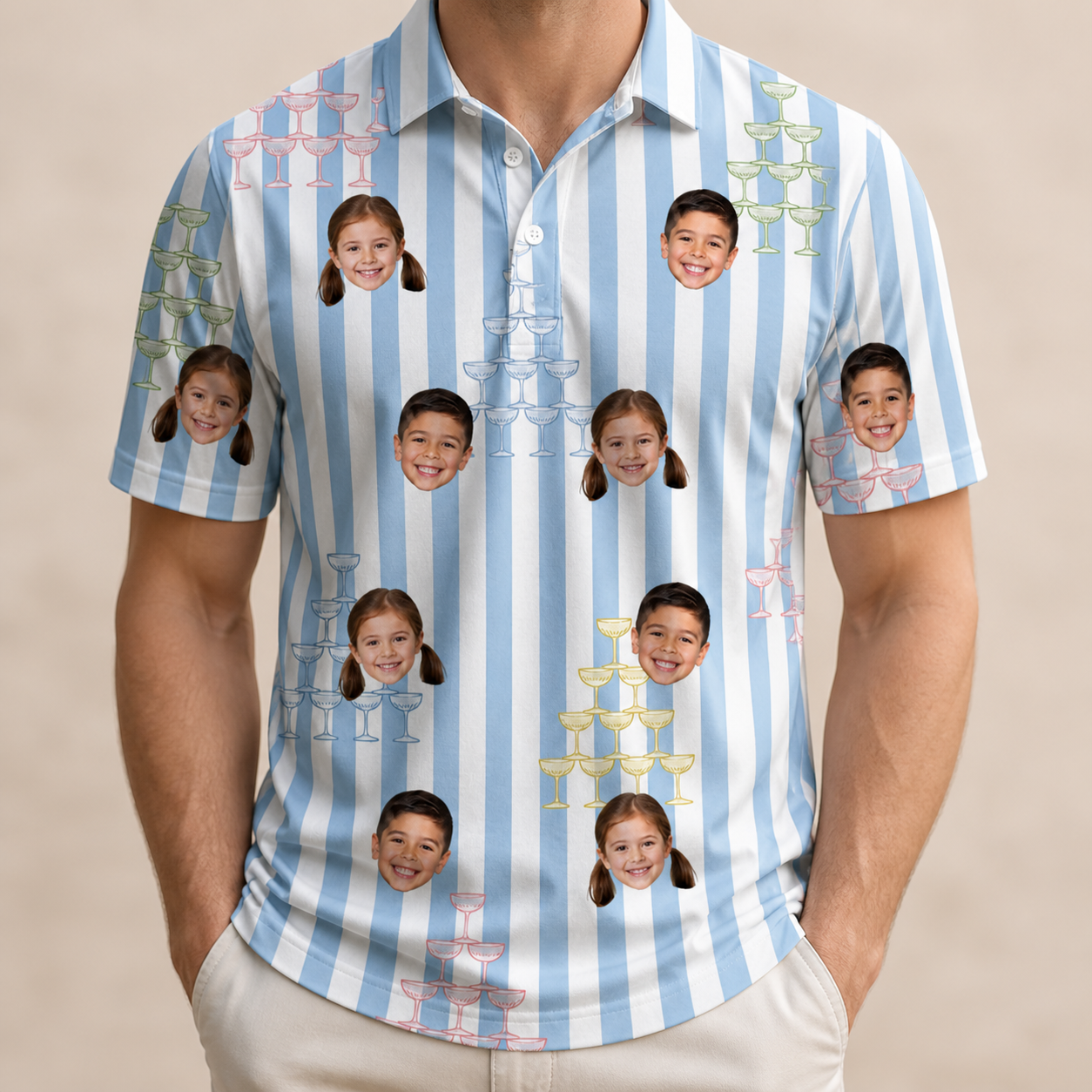 Model wearing Men's Fizz Towers Custom Face Polo Shirt printed with kids' faces