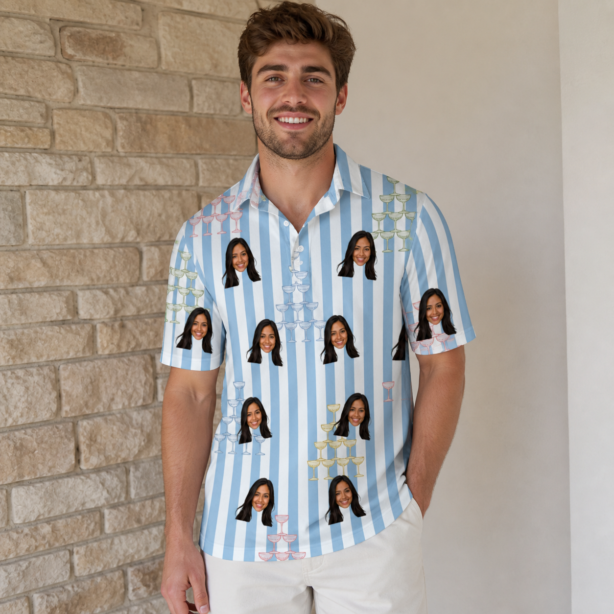 Real-life photo of someone wearing Men's Fizz Towers Custom Face Polo Shirt — custom faces printed all-over