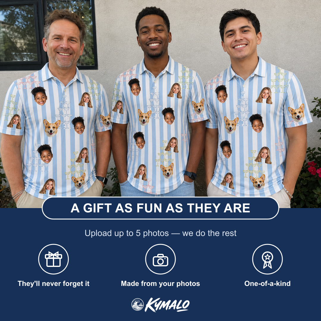 Friends in matching Men's Fizz Towers Custom Face Polo Shirt — a group gift photo