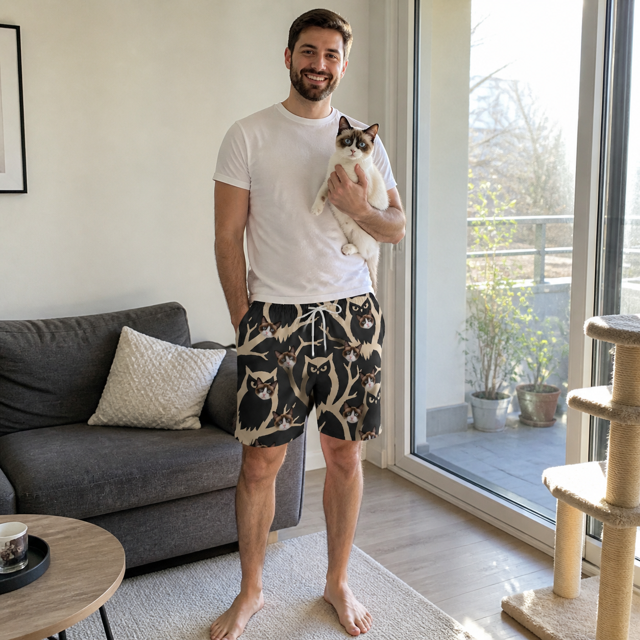 Full-length photo with the pet printed all over this Men's Midnight Moonhoot Custom Cat Face Beach Shorts