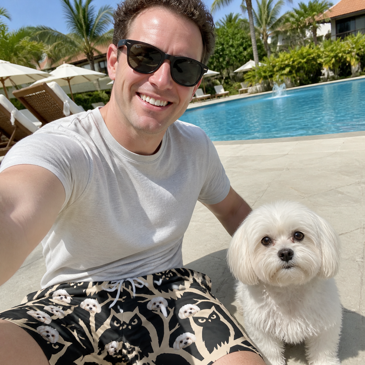 Selfie with the pet whose face is printed all over this Men's Midnight Moonhoot Custom Dog Face Beach Shorts