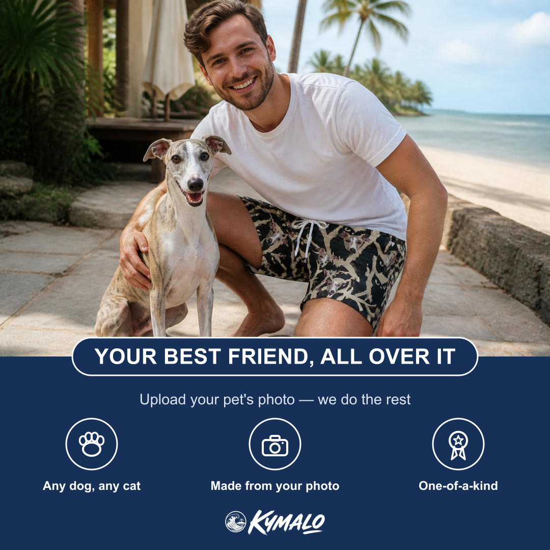Friends in matching Men's Midnight Moonhoot Custom Dog Face Beach Shorts — a group gift photo