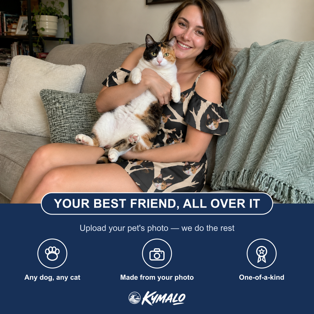 Friends in matching Women's Midnight Moonhoot Custom Cat Face Off-Shoulder Dress — a group gift photo